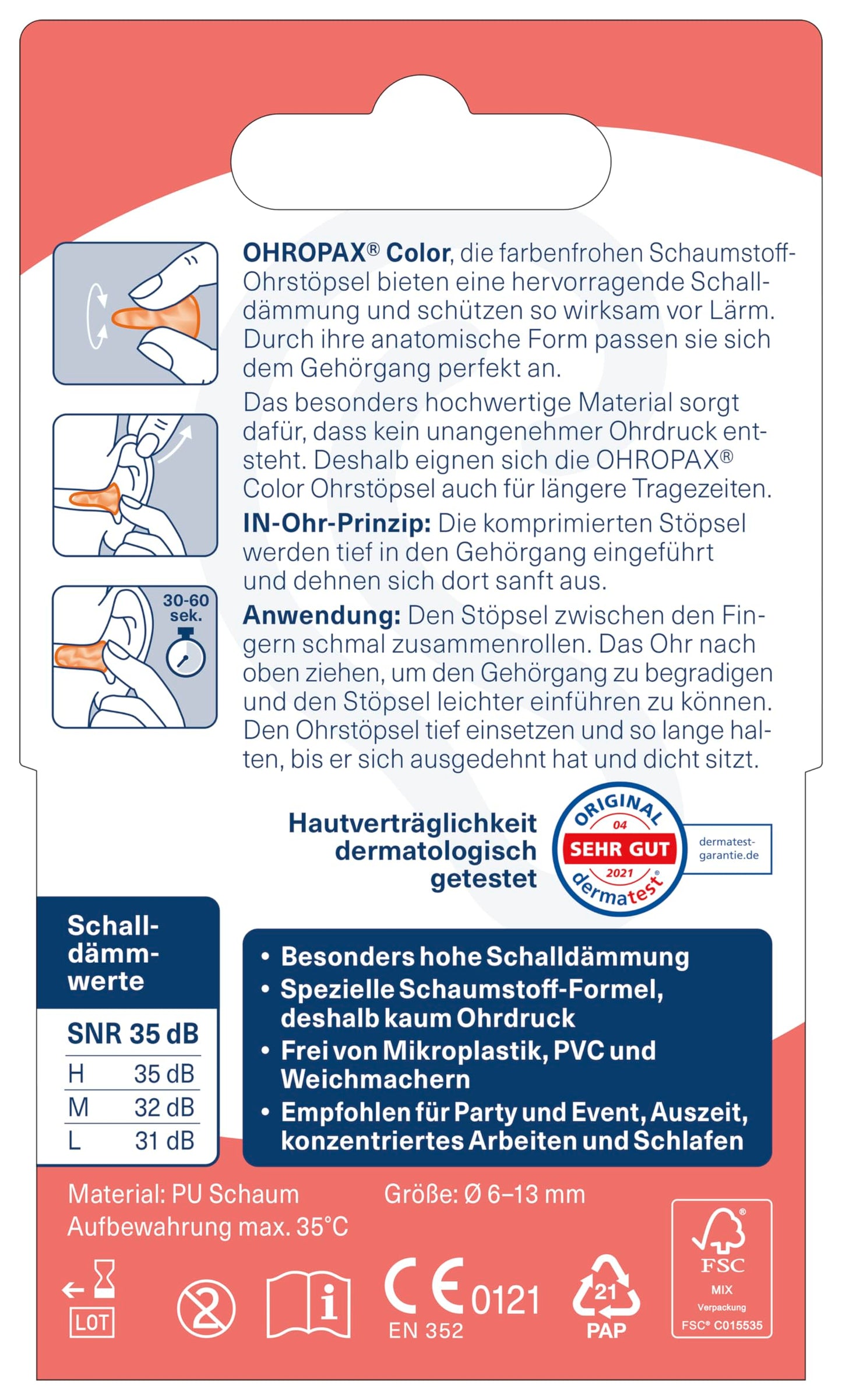 OHROPAX Color Ohrstöpsel – IN-Ohr-Stöpsel aus weichem Schaumstoff – besonders komfortabel.
